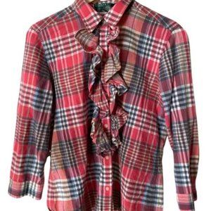 Iconic Ralph Lauren Woman’s Blouse, Button Down, Ruffle Chest in Size M.